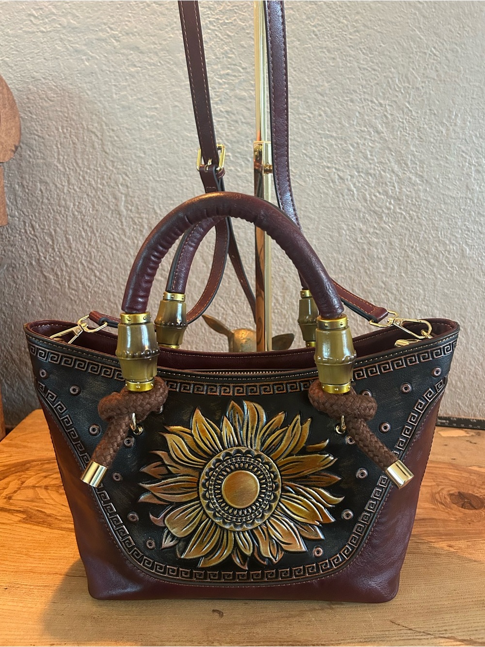 Vintage Sunflower Embossed Faux Leather Handbag Satchel Crossbody Tote Burgundy